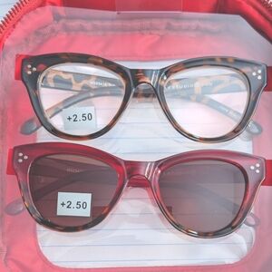 +2.50 Max Studio Readers Sunglasses Set of 2 Pairs Red Tortoise Rounded Circle